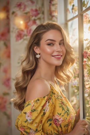 Generate hyper realistic image of a woman with clear skin and a joyful expression, her lips curved into a warm smile. She wears a yellow dress that complements her blush and the sunset light streaming through the window. Her long hair frames her face, highlighting her hoop earrings and the floral print backdrop around her. With one arm casually placed behind her back, she exudes confidence in her stylish attire. Her hazel eyes reflect the indoor lighting as she enjoys the serene atmosphere.