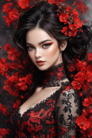 ((best quality)), a close up red/black line art of a beautiful young diva in ecstacy over surrounded by flowers and dark shadowy smoke from Firebird. The art includes splatter drippings, paper texture, palette knife painting. The artwork should be centered, stylized, and elaborate, with a beautiful outfit, gorgeous eyes, and a dynamic pose. rendered in 8K resolution for high-quality detail.,ncg,, upper body, ((solo standing away in all human height)), (extremely detailed lace)