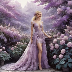  ((extremely perfect detailed)), Masterpiece, HD, 16K, A captivating minimalist illustration of a 20-year-old blonde beauty. ((A painting in shades of mauve, lace gown and elaborate floral wreath)), (((airbrush art by Yoji Shinkawa:1.9))) Layered tulle gown with sparkling lace, ((standing between Syringa vulgaris lilac astilbe bloom)), ink art,line art illustration, ((the main heroine standing away in all human height between flowers)), standing away