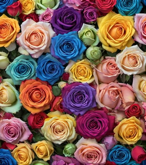 ((hyper photorealistic:1.9)), (((extremely detailed))), ((high quality, highres)), (masterpiece), ((seamless pattern)), 
 ((flat lay, top view, flat lay composition), (many roses), (flat lay roses), ((50 roses)), ((all roses same size:1.9)), ((all roses on same flat lay lane:1.9)), ((roses close to each other:1.9)), ((every roses touch other roses:1.9)), ((roses side by side:1.9)), ((rose petals touch other roses petals)), ((photorealistic perfect detailed roses petals:1.9)), ((perfect detailed roses form:1.9)), ((perfect detailed roses petals form:1.9)), ((big blossom open many petals of roses:1.9)), (((all roses have identical sizes:1.9))), (((the center of the rose looks up:1.9))), ((photorealistic detailed roses petals:1.9)), 
((amazing bright colorful rainbow colors:1.9)), ((ombre rainbow colors on petals:1.9)), ((ombre effect:1.9)), (((ombre rainbow colorful))), ((photo r3al, more detail XL, Landskaper, ultra detailed)), ((colorful)), ((ombre rainbow color rose:1.9)), ((green_color_rose_petals:1.9)), ((many colors of rainbow on every rose:1.9)), ((every rose have many different rainbows colors:1.9)), ((green_blue_royal-violet colors:1.9)), ((green_royal-violet color:1.9)), ((luxury flower roses wall)), ((soft light)), ((pastel colors tone))