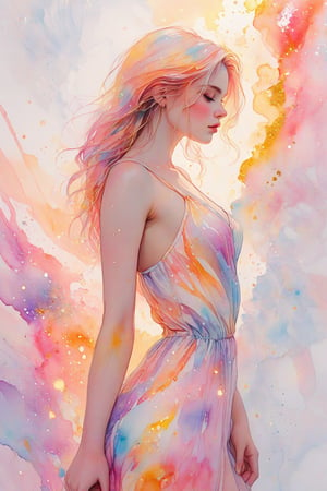 ((extremely detailed:1.9)), ((extremaly right female body proportions:1.9)). Masterpiece, HD, 16K, A captivating minimalist illustration of a 18-year-old beauty, busty, sundress, a woman by agnes cecile, luminous design, pastel colours, ink drips, autumn lights, multicolor watercolor marble background, looking over shoulder pose, shiny, glitter, gold, half turn body, looking over shoulder pose