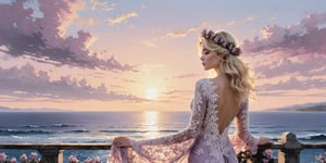 Masterpiece, HD, 16K, A captivating minimalist 
illustration of a  20-year-old blonde beauty. 
(((A painting in shades of mauve, lace gown and elaborate floral wreath, fleeing church, airbrush art by Yoji Shinkawa.)))
Standing away looking at sea sunrise 