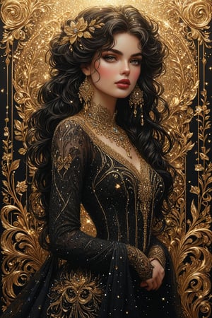 ((extremely detailed:1.9)), ((extremaly right female body proportions:1.9)). Masterpiece, HD, 16K, A captivating minimalist illustration of a 18-year-old beauty. (gothic beauty, push up busty, black and gold, beads chiffon gown, ornate motifs beads threads, pattern of beads lace, beads sparkling lace, gems, beautiful full black lips, eye drawing, tuxedo eyes, long fluffy lashes, big layered black hair, large curls on long hair), beads wreath in hair, beads threads on hair, the tights with sparkling lace, ((midjorney style face:1.9)), ((detailed flux type face:1.9)), bohemian, delicate image, hyper-detailing, aesthetic, good soft illuminated, photorealistic line ink art, (crystals, gems, gold dust bokeh), ((gaze directed at viewer, looking_at_camera)), (the only one solo main heroine:1.9), (standing maximum away with all human height:1.9), (best fashion dynamic standing pose:1.9), (standing maximum away:1.9), ((black ink line art)),  ((stand under fresk ornate motifs wall)), bright. ((black  gold background)), (gold frame of art nouveau), (art nouveau background), (sensetive, tender, goddess, artistic pose, elegant dynamic standing pose), ((away upper body)), ((photorealistic detailed face)), shiny, glitter. half turn body, looking over shoulder pose