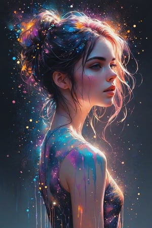 ((extremely detailed:1.9)), ((extremaly right female body proportions:1.9)). Masterpiece, HD, 16K, A captivating minimalist illustration of a 18-year-old beauty. a woman by agnes cecile, luminous design, pastel colours, ink drips, autumn lights, dark background, looking over shoulder pose, shiny, glitter. half turn body, looking over shoulder pose