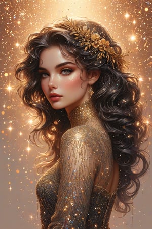 ((extremely detailed:1.9)), ((extremaly right female body proportions:1.9)). Masterpiece, HD, 16K, A captivating minimalist illustration of a 18-year-old beauty, luminous evening dress design, pastel colours, ink drips multicolor background, autumn lights, looking over shoulder pose, shiny, glitter. half turn body, looking over shoulder pose. (((extremely detailed:1.9)), ((extremely right perfect female upper body proportion:1.9)). Masterpiece, HD, 16K, A captivating minimalist illustration of a 18-year-old beauty. (gothic beauty, push up busty, black and gold, beads chiffon gown, ornate motifs beads threads, pattern of beads lace, beads sparkling lace, gems, beautiful full black lips, eye drawing, tuxedo eyes, long fluffy lashes, big layered black hair, large curls on long hair), beads wreath in hair, beads threads on hair, the tights with sparkling lace, ((midjorney style face:1.9)), ((detailed flux type face:1.9)), bohemian, delicate image, hyper-detailing, aesthetic, good soft illuminated, photorealistic line ink art, (crystals, gems, gold dust bokeh), ((gaze directed at viewer, looking_at_camera)), (the only one solo main heroine:1.9), (standing maximum away with all human height:1.9), (best fashion dynamic standing pose:1.9), (standing maximum away:1.9), ((black ink line art)), ((stand under fresk ornate motifs wall)), bright. ((black gold background)), (gold frame of art nouveau), (art nouveau background), (sensetive, tender, goddess, artistic pose, elegant dynamic standing pose), ((away upper body)), ((photorealistic detailed face)), shiny, glitter. half turn body, looking over shoulder pose.