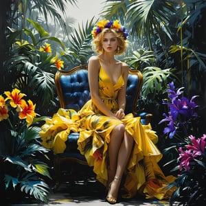 ((extremely perfect detailed)), Masterpiece, HD, 16K, A captivating minimalist illustration of a 20-year-old blonde beauty. ((A painting in colorful multicolor shades, gown and elaborate floral wreath)), (((airbrush art by Yoji Shinkawa:1.9))), ((standing between tropical flora)), ink art,line art illustration, ((the main heroine sittin away in all human height between flowers)), standing away Charcoal drawing, crayons, black pencil art, graphite art, masterpiece, crayons, RTX, 4k, HDR, Anna Razumovskaya, Casey Baugh, Antonio Mora, Aminola Rezai, Giovanni Boldini, art, detailed)),  ((female hidden away behind tropical palm branches)), (yellow sundress), ((the only one solo main heroine sittin away in all human height)), (solo:1.9), , ((the only one solo main heroine sittin away in all human height between tropical leaves)), ((looking_at_camera)), (tropical blue purple fuxia). (perfect fashion dynamic sittin pose). ((beautiful student model sitting on a fancy chair:1.9))