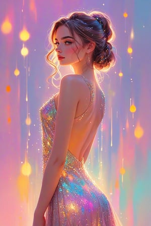 ((extremely detailed:1.9)), ((extremaly right female body proportions:1.9)). Masterpiece, HD, 16K, A captivating minimalist illustration of a 18-year-old beauty, luminous evening dress design, pastel colours, ink drips multicolor background, autumn lights, looking over shoulder pose, shiny, glitter. half turn body, looking over shoulder pose