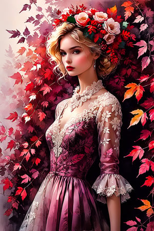 (Extremely detailed ), (every detail in perfect sharp focus), (masterpiece), (stunningly soft light evenly illuminating the entire face and body), ((extremely perfect detailed)), Masterpiece, HD, 16K, A captivating minimalist illustration of a 20-year-old blonde beauty. ((A painting in shades of mauve, lace gown and elaborate floral wreath)), (((airbrush art by Yoji Shinkawa:1.9))) Layered tulle gown with sparkling lace, ((standing between multicoloured ombre autumn rowan leaves branches)), ink art,line art illustration, ((the main heroine standing away in all human height between many rowan leaves)), standing away, Burgundy, (by Greg Manchess and Miles Aldridge), (extremely detailed are colorful linen pastel flamenco lace dress gown), (ombre multicoloured leafs:1.9)), (pattern of ombre multicoloured leafs:1.9)),WEARING HAUTE_COUTURE DESIGNER DRESS,oil paint 