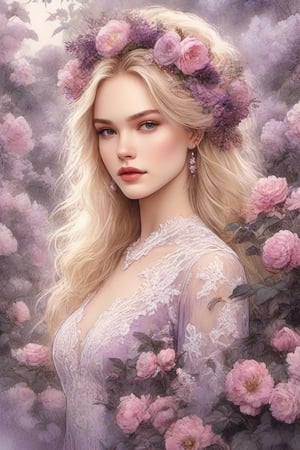 ((extremely perfect detailed)), Masterpiece, HD, 16K, A captivating minimalist illustration of a 20-year-old blonde beauty. ((A painting in shades of mauve, lace gown and elaborate floral wreath)), (((airbrush art by Yoji Shinkawa:1.9))) Layered tulle gown with sparkling lace, ((standing between Syringa vulgaris lilac astilbe bloom)), ink art,line art illustration, ((the main heroine standing away in all human height between flowers)), standing away. all in 