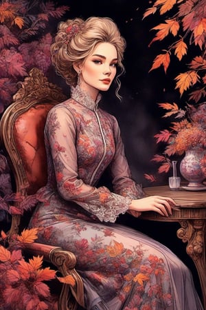 flat illustration of a beautiful student model sitting on a fancy chair in a luxury boroque rococo apartment. A Rococo sausage curls hairstyle. She is wearing an avant-garde layered gown made of stiff materials. Dark color palette. Cluttered maximalism. Close-up shot. Rim lighting. Masterpiece. 64k. ncg,ink,ink art,line art illustration, (Extremely detailed ), (every detail in perfect sharp focus), (masterpiece), (stunningly soft light evenly illuminating the entire face and body), ((extremely perfect detailed)), Masterpiece, HD, 16K, A captivating minimalist illustration of a 20-year-old blonde beauty. ((A painting in shades of mauve, lace gown and elaborate floral wreath)), (((airbrush art by Yoji Shinkawa:1.9))) Layered tulle gown with sparkling lace, ((standing between multicoloured ombre autumn rowan leaves branches)), ink art,line art illustration, ((the main heroine standing away in all human height between many rowan leaves)), standing away, Burgundy, (by Greg Manchess and Miles Aldridge), (extremely detailed are colorful linen pastel flamenco lace dress gown), (ombre multicoloured leafs:1.9)), (pattern of ombre multicoloured leafs:1.9))