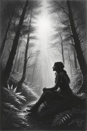 Charcoal drawing, crayons, black pencil drawing, pencil drawing, black and white drawing, graphite drawing,
masterpiece, crayons, pencils, illustration,painting,acrylic painting,Tyndall effect,Tyndall lighting enhancement,Tyndall effect,Cute elf girl sitting in dense forest,look up,Beautiful and delicate face,Close-up strengthened,The sun shines through the branches and casts shadows on her face,Strong light and dark,Tyndall effect,Tyndall lighting enhancement,Tyndall effect,Realistic light rendering,Realistic ray tracing,Realistic light reflections,8k,Super fine,Super realistic,Extreme details,dynamic perspective