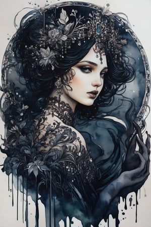 ((extremely detailed)), CoG_v2, (dark moody watercolor:1.8), European ink illustration, ((watercolor)), (detailed hair), " I've been much too far out all my life and not waving but drowning". Gustave Doré, Jasmine Becket-Griffith, freedom, full body, (line art), particles, concept art,mysterious , nightmarish dreamlike, perfect anatomy, great realistic features, perfect detailed hands fingers, (detailed, detailed florals, crystals, minerals, perfect detailed jewelry), masterpiece, pure perfection , sharp focus,Decora_SWstyle,ink, (art nouveau), fflixmj6, (baby_face), (one upper body), (half visible puffy sleeves), (marble ombre background), artDeco