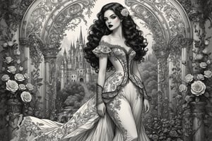 ((extremely perfect detailed art:1.9)), Masterpiece, HD, 16K, A captivating minimalist illustration of a 18-year-old beauty. (gothic beauty, chiffon ivory gown, ivory tulle, black ornate motifs threads, pattern of black lace, sparkling lace, gems, beautiful full black lips, eye drawing, tuxedo eyes, long fluffy lashes, big layered black hair, large curls on long hair), the tights with sparkling lace. ((midjorney style face:1.9)), ((detailed flux type face:1.9)), bohemian, delicate image, hyper-detailing, aesthetic, good soft illuminated, photorealistic line ink art),

score_9, score_8_up, score_7_up, ginger woman, 3/4 body shot, character concept art of a beautiful woman leaning over, falling off her shoulder, comic book art, rough colored sketch, innocent, (depth of field), (fine textures details), (best fashion dynamic standing pose:1.9), (standing maximum away:1.9), (black ink line art), spirals and swirls in rococo style, perfect symmetry, symmetrical, large motifs, ((the only one solo main heroine standing away in all human height)), (standing maximum away in marble castle open balcony:1.9),

 ((gaze directed at viewer, looking_at_camera)), (the only one solo main heroine:1.9), (standing maximum away with all human height:1.9), (best fashion dynamic standing pose:1.9), (standing maximum away:1.9), (black ink line art), spirals and swirls in rococo style, perfect symmetry, symmetrical, large motifs, (standing maximum away in marble castle:1.9), garden roses, lanky