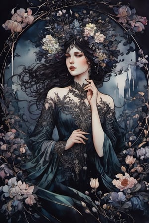 ((extremely detailed)), CoG_v2, (dark moody watercolor:1.8), European ink illustration, ((watercolor)), (natural detailed long hair), " I've been much too far out all my life and not waving but drowning". Gustave Doré, Jasmine Becket-Griffith, freedom, full body, (line art), particles, concept art,mysterious , nightmarish dreamlike, perfect anatomy, great realistic features, perfect detailed hands fingers, (detailed, detailed florals, crystals, minerals, perfect detailed jewelry, crystal jewellery), masterpiece, pure perfection , sharp focus, Decora_SWstyle,ink, (art nouveau:1.9), fflixmj6, (baby_face), (one upper body), (half visible puffy sleeves), (marble ombre background), (baby face woman, young lady:1.9),  (gothic style), (victorian style), ((luxury European apartments from barocco era)), (v_shape_face), (dark background behind women), (modern design dress), (spring flowers blossom branches)