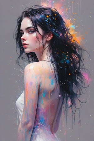 ((extremely detailed:1.9)), ((extremaly right female body proportions:1.9)). Masterpiece, HD, 16K, A captivating minimalist illustration of a 18-year-old beauty. a woman by agnes cecile, luminous design, pastel colours, ink drips on background, autumn lights, dark background, looking over shoulder pose, shiny, glitter. half turn body, looking over shoulder pose