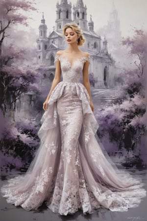 Masterpiece, HD, 16K, A captivating minimalist 
illustration of a  20-year-old blonde beauty. 
(((A painting in shades of mauve, lace gown and elaborate floral wreath, fleeing church, airbrush art by Yoji Shinkawa.)))
Layered tulle gown with sparkling lace, 
Standing away 