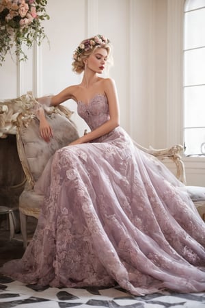 ((extremely perfect detailed)), Masterpiece, HD, 16K, A captivating minimalist illustration of a 20-year-old blonde beauty. (((A painting in shades of mauve, lace gown and elaborate floral wreath, fleeing church, airbrush art by Yoji Shinkawa.))) Layered tulle gown with sparkling lace, ((extremely perfect detailed)), Masterpiece, HD, 16K, (Gustav Klimt and Mucha and Caravaggio style artwork),art_booster, flat illustration of a beautiful student model sitting on a fancy chair in a luxury boroque rococo apartment. A Rococo sausage curls hairstyle. A captivating minimalist illustration of a 20-year-old blonde beauty. ((lace gown and elaborate floral wreath)), (((airbrush art by Yoji Shinkawa:1.9))), ((perfect realistic proportions of female figure:1.9)), Ballroom Dress, a beautiful woman in an elegant evening dress, theater, by Greg Manchess and Miles Aldridge, 35mm photography, bokeh, best quality, masterpiece, highly aesthetic, perfect composition, intricate details, ultra detailed