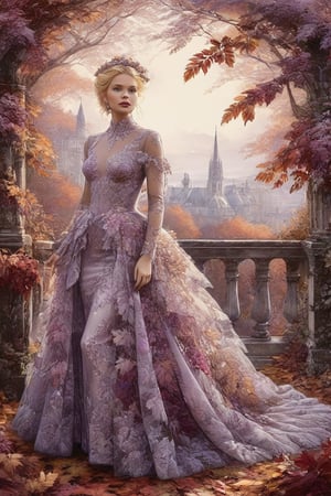  ((extremely perfect detailed)), Masterpiece, HD, 16K, A captivating minimalist illustration of a 20-year-old blonde beauty. ((A painting in shades of mauve, lace gown and elaborate floral wreath)), (((airbrush art by Yoji Shinkawa:1.9))) Layered tulle gown with sparkling lace, ((standing between multicoloured ombre autumn rowan leaves)), ink art,line art illustration, ((the main heroine standing away in all human height between many rowan leaves)), standing away, Burgundy 