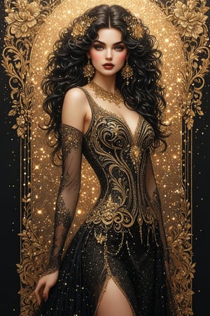 ((extremely detailed:1.9)), ((extremaly right female body proportions:1.9)). Masterpiece, HD, 16K, A captivating minimalist illustration of a 18-year-old beauty. (gothic beauty, push up busty, black and gold, beads chiffon gown, ornate motifs beads threads, pattern of beads lace, beads sparkling lace, gems, beautiful full black lips, eye drawing, tuxedo eyes, long fluffy lashes, big layered black hair, large curls on long hair), beads wreath in hair, beads threads on hair, the tights with sparkling lace, ((midjorney style face:1.9)), ((detailed flux type face:1.9)), bohemian, delicate image, hyper-detailing, aesthetic, good soft illuminated, photorealistic line ink art, (crystals, gems, gold dust bokeh), ((gaze directed at viewer, looking_at_camera)), (the only one solo main heroine:1.9), (standing maximum away with all human height:1.9), (best fashion dynamic standing pose:1.9), (standing maximum away:1.9), ((black ink line art)),  ((stand under fresk ornate motifs wall)), bright. ((black  gold background)), (gold frame of art nouveau), (art nouveau background), (sensetive, tender, goddess, artistic pose, elegant dynamic standing pose), ((away upper body)), ((photorealistic detailed face)), shiny, glitter. half turn body, looking over shoulder pose