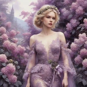  ((extremely perfect detailed)), Masterpiece, HD, 16K, A captivating minimalist illustration of a 20-year-old blonde beauty. ((A painting in shades of mauve, lace gown and elaborate floral wreath)), (((airbrush art by Yoji Shinkawa:1.9))) Layered tulle gown with sparkling lace, ((standing between Syringa vulgaris lilac astilbe bloom)), ((the main heroine standing away in all human height between flowers)), ink art,line art illustration, ((the main heroine standing away in all human height between flowers)), standing away