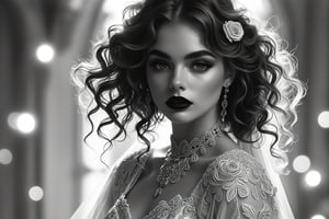 ((extremely perfect detailed art:1.9)), Masterpiece, HD, 16K, A captivating minimalist illustration of a 18-year-old beauty. (gothic beauty, chiffon ivory gown, ivory tulle, black ornate motifs threads, pattern of black lace, sparkling lace, gems, beautiful full black lips, eye drawing, tuxedo eyes, long fluffy lashes, big layered black hair, large curls on long hair), the tights with sparkling lace. ((midjorney style face:1.9)), ((detailed flux type face:1.9)), bohemian, delicate image, hyper-detailing, aesthetic, good soft illuminated, photorealistic line ink art), ((gaze directed at viewer, looking_at_camera)), (the only one solo main heroine:1.9), (standing maximum away with all human height:1.9), (best fashion dynamic standing pose:1.9), (standing maximum away:1.9), (black ink line art), spirals and swirls in rococo style, perfect symmetry, symmetrical, large motifs,  (Al Rio style art line:1.9), ((modern detailed comics style art line:1.9)), (standing maximum away in marble castle:1.9), garden roses, lanky