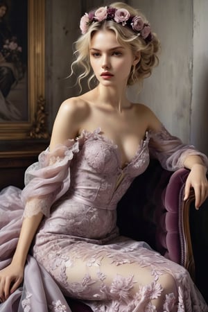 ((extremely perfect detailed)), Masterpiece, HD, 16K, A captivating minimalist illustration of a  20-year-old blonde beauty. 
(((A painting in shades of mauve, lace gown and elaborate floral wreath, fleeing church, airbrush art by Yoji Shinkawa.)))
Layered tulle gown with sparkling lace, 
((extremely perfect detailed)), Masterpiece, HD, 16K, (Gustav Klimt and Mucha and Caravaggio style artwork),art_booster, flat illustration of a beautiful student model sitting on a fancy chair in a luxury boroque rococo apartment. A Rococo sausage curls hairstyle. A captivating minimalist illustration of a 20-year-old blonde beauty. ((A painting in shades of mauve, lace gown and elaborate floral wreath)), (((airbrush art by Yoji Shinkawa:1.9))), ((perfect realistic proportions of female figure:1.9))