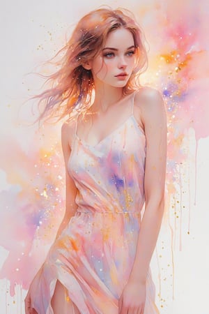 ((extremely detailed:1.9)), ((extremaly right female body proportions:1.9)). Masterpiece, HD, 16K, A captivating minimalist illustration of a 18-year-old beauty, busty, sundress, a woman by agnes cecile, luminous design, pastel colours, ink drips, autumn lights, looking over shoulder pose, shiny, glitter, gold, half turn body, looking over shoulder pose