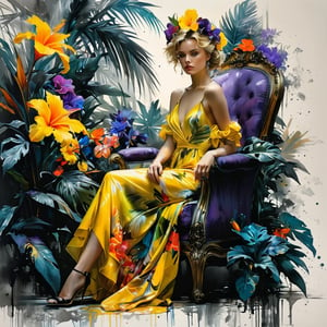 ((extremely perfect detailed)), Masterpiece, HD, 16K, A captivating minimalist illustration of a 20-year-old blonde beauty. ((A painting in colorful multicolor shades, gown and elaborate floral wreath)), (((airbrush art by Yoji Shinkawa:1.9))), ((standing between tropical flora)), ink art,line art illustration, ((the main heroine sittin away in all human height between flowers)), standing away Charcoal drawing, crayons, black pencil art, graphite art, masterpiece, crayons, RTX, 4k, HDR, Anna Razumovskaya, Casey Baugh, Antonio Mora, Aminola Rezai, Giovanni Boldini, art, detailed)),  ((female hidden away behind tropical palm branches)), (yellow sundress), ((the only one solo main heroine sittin away in all human height)), (solo:1.9), , ((the only one solo main heroine sittin away in all human height between tropical leaves)), ((looking_at_camera)), (tropical blue purple fuxia). (perfect fashion dynamic sittin pose). ((beautiful student model sitting on a fancy chair:1.9))