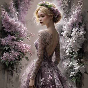 ((extremely perfect detailed)), Masterpiece, HD, 16K, A captivating minimalist illustration of a 20-year-old blonde beauty. ((A painting in shades of mauve, lace gown and elaborate floral wreath)), (((airbrush art by Yoji Shinkawa:1.9))) Layered tulle gown with sparkling lace, ((standing between Syringa vulgaris lilac astilbe bloom)), ink art,line art illustration, ((the main heroine standing away in all human height between flowers)), standing away Charcoal drawing, crayons, black pencil drawing, pencil drawing, black and white drawing, graphite drawing, masterpiece, crayons, pencils, mj, RTX, 4k, HDR, Anna Razumovskaya, Casey Baugh, Antonio Mora, Aminola Rezai, Giovanni Boldini, art, detailed)), ((solo:1.9)),  looking_at_camera 