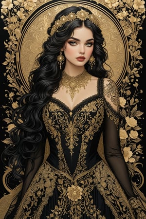 ((extremely perfect detailed)), Masterpiece, HD, 16K, A captivating minimalist illustration of a 18-year-old beauty. (gothic beauty, push up busty, black and gold, beads chiffon gown, ornate motifs beads threads, pattern of beads lace, beads sparkling lace, gems, beautiful full black lips, eye drawing, tuxedo eyes, long fluffy lashes, big layered black hair, large curls on long hair), beads wreath in hair, the tights with sparkling lace, ((midjorney style face:1.9)), ((detailed flux type face:1.9)), bohemian, delicate image, hyper-detailing, aesthetic, good soft illuminated, photorealistic line ink art, (crystals, gems, gold dust bokeh), ((gaze directed at viewer, looking_at_camera)), (the only one solo main heroine:1.9), (standing maximum away with all human height:1.9), (best fashion dynamic standing pose:1.9), (standing maximum away:1.9), ((black ink line art)),  ((stand under fresk ornate motifs wall)), bright. ((black  gold background)), ((away upper body)), (gold frame of art nouveau), (art nouveau), half turn body,