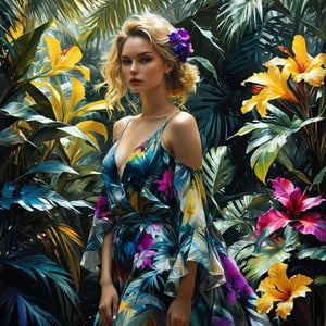 ((extremely perfect detailed)), Masterpiece, HD, 16K, A captivating minimalist illustration of a 20-year-old blonde beauty. ((A painting in colorful multicolor shades, gown and elaborate floral wreath)), (((airbrush art by Yoji Shinkawa:1.9))), ((standing between tropical flora)), ink art,line art illustration, ((the main heroine standing away in all human height between flowers)), standing away Charcoal drawing, crayons, black pencil art, graphite art, masterpiece, crayons, RTX, 4k, HDR, Anna Razumovskaya, Casey Baugh, Antonio Mora, Aminola Rezai, Giovanni Boldini, art, detailed)), ((female hidden away behind tropical palm branches)), (yellow sundress), looking_at_camera, ((the only one solo main heroine standing away in all human height)), (solo:1.9), , ((the only one solo main heroine standing away in all human height between tropical leaves)), ((looking_at_camera)), (tropical blue purple fuxia). (perfect fashion dynamic standing pose)