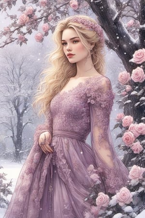  ((extremely perfect detailed)), Masterpiece, HD, 16K, A captivating minimalist illustration of a 20-year-old blonde beauty. ((A painting in shades of mauve, lace gown and elaborate floral wreath)), (((airbrush art by Yoji Shinkawa:1.9))) Layered tulle gown with sparkling lace, ((standing between Syringa vulgaris lilac astilbe bloom)), ink art,line art illustration, ((the main heroine standing away in all human height between flowers)), standing away, ((winter, first snow, tree branches in frost:1.9)), (roses branches under snow), ((roseson tree branches:1.9)),flat illustration, ink, 