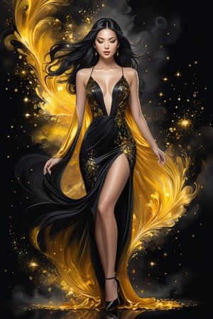 An elegantly slender woman in a backless silk dress, with long black hair cascading, high heels, alone takes center stage, digital painting, ultra-high resolution, hyper-realistic rendering, a symphony of color palettes from monochrome to vibrant.
golden patterns, golden and black spirit, liquid gold explosion, golden smoke magic, star dust, golden milky way, black background, magic fog, alcohol ink,