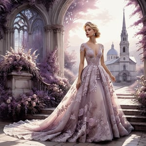 Art, ((extremely perfect detailed)), Masterpiece, HD, 16K, A captivating minimalist illustration of a  20-year-old blonde beauty. 
(((A painting in shades of mauve, lace gown and elaborate floral wreath, fleeing church, airbrush art by Yoji Shinkawa.)))
Layered tulle gown with sparkling lace, Standing away,
 ink art,line art illustration