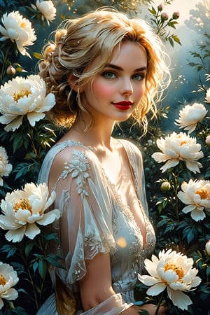 (Extremely detailed ), (every detail in perfect sharp focus), (masterpiece), (stunningly soft light evenly illuminating the entire face and body), (extremely perfect detailed:1.9), 16 years tender female face, standing all human heights, standing hiding behind white peonies branches, only peonies around female body,  A beautiful blonde female, red lips, green eyes, busty, smiling, wearing a white sundress, holds a bouquet of many peonies, looking directly at the viewer. Soft blue and pale gold color accents. Intricate detailed digital matte painting with subtle texture. Soft, warm sunlight filters through misty atmosphere. Detailed fantasy concept art with deep colors, complementary blues and gold, subtle bokeh. Ross Tran watercolor inspiration, David Downton portrait nuance, Unreal Engine 5 level of detail, 8k resolution, cinematic landscape,oil paint 