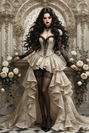 ((extremely perfect detailed art:1.9)), Masterpiece, HD, 16K, A captivating minimalist illustration of a 18-year-old beauty. (gothic beauty, chiffon ivory gown, ivory tulle, black ornate motifs threads, pattern of black lace, sparkling lace, gems, beautiful full black lips, eye drawing, tuxedo eyes, long fluffy lashes, big layered black hair, large curls on long hair), the tights with sparkling lace. ((midjorney style face:1.9)), ((detailed flux type face:1.9)), bohemian, delicate image, hyper-detailing, aesthetic, good soft illuminated, photorealistic line ink art),
score_9, score_8_up, score_7_up, comic book art, rough colored sketch, innocent, (depth of field), (fine textures details), ((gaze directed at viewer, looking_at_camera)), (the only one solo main heroine:1.9), (standing maximum away with all human height:1.9), (best fashion dynamic standing pose:1.9), (standing maximum away:1.9), (black ink line art), spirals and swirls in rococo style, perfect symmetry, symmetrical, large motifs, ((the only one solo main heroine standing away in all human height)), (standing maximum away in marble castle open balcony:1.9), garden roses, lanky, art,Add_More_Details,boichi style, (extremely detailed sequins), (black and gold)

 ((gaze directed at viewer, looking_at_camera)), (the only one solo main heroine:1.9), (standing maximum away with all human height:1.9), (best fashion dynamic standing pose:1.9), (standing maximum away:1.9), (black ink line art), spirals and swirls in rococo style, perfect symmetry, symmetrical, large motifs, (standing maximum away in marble castle:1.9), garden roses, lanky