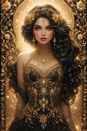 ((extremely detailed:1.9)), ((extremaly right female body proportions:1.9)). Masterpiece, HD, 16K, A captivating minimalist illustration of a 18-year-old beauty. (gothic beauty, push up busty, black and gold, beads chiffon gown, ornate motifs beads threads, pattern of beads lace, beads sparkling lace, gems, beautiful full black lips, eye drawing, tuxedo eyes, long fluffy lashes, big layered black hair, large curls on long hair), beads wreath in hair, beads threads on hair, the tights with sparkling lace, ((midjorney style face:1.9)), ((detailed flux type face:1.9)), bohemian, delicate image, hyper-detailing, aesthetic, good soft illuminated, photorealistic line ink art, (crystals, gems, gold dust bokeh), ((gaze directed at viewer, looking_at_camera)), (the only one solo main heroine:1.9), (standing maximum away with all human height:1.9), (best fashion dynamic standing pose:1.9), (standing maximum away:1.9), ((black ink line art)),  ((stand under fresk ornate motifs wall)), bright. ((black  gold background)), (gold frame of art nouveau), (art nouveau background), (sensetive, tender, goddess, artistic pose, elegant dynamic standing pose), ((away upper body)), ((photorealistic detailed face)), shiny, glitter. half turn body, looking over shoulder pose