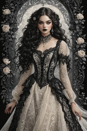 ((extremely perfect detailed art:1.9)), Masterpiece, HD, 16K, A captivating minimalist illustration of a 18-year-old beauty. (gothic beauty, chiffon ivory gown, ivory tulle, black ornate motifs threads, pattern of black lace, sparkling lace, gems, beautiful full black lips, eye drawing, tuxedo eyes, long fluffy lashes, big layered black hair, large curls on long hair), the tights with sparkling lace. ((midjorney style face:1.9)), ((detailed flux type face:1.9)), bohemian, delicate image, hyper-detailing, aesthetic, good soft illuminated, photorealistic line ink art), ((gaze directed at viewer, looking_at_camera)), (the only one solo main heroine:1.9), (standing maximum away with all human height:1.9), (best fashion dynamic standing pose:1.9), (standing maximum away:1.9), (black ink line art), spirals and swirls in rococo style, perfect symmetry, symmetrical, large motifs, (standing maximum away in marble castle:1.9), garden roses, lanky