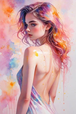 ((extremely detailed:1.9)), ((extremaly right female body proportions:1.9)). Masterpiece, HD, 16K, A captivating minimalist illustration of a 18-year-old beauty, busty, sundress, a woman by agnes cecile, luminous design, pastel colours, ink drips, autumn lights, multicolor watercolor marble background, looking over shoulder pose, shiny, glitter, gold, half turn body, looking over shoulder pose