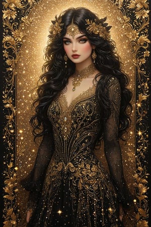 ((extremely perfect detailed)), Masterpiece, HD, 16K, A captivating minimalist illustration of a 18-year-old beauty. (gothic beauty, push up busty, black and gold, beads chiffon gown, ornate motifs beads threads, pattern of beads lace, beads sparkling lace, gems, beautiful full black lips, eye drawing, tuxedo eyes, long fluffy lashes, big layered black hair, large curls on long hair), beads wreath in hair, the tights with sparkling lace, ((midjorney style face:1.9)), ((detailed flux type face:1.9)), bohemian, delicate image, hyper-detailing, aesthetic, good soft illuminated, photorealistic line ink art, (crystals, gems, gold dust bokeh), ((gaze directed at viewer, looking_at_camera)), (the only one solo main heroine:1.9), (standing maximum away with all human height:1.9), (best fashion dynamic standing pose:1.9), (standing maximum away:1.9), ((black ink line art)),  ((stand under fresk ornate motifs wall)), bright. ((black  gold background)), ((away upper body)), (gold frame of art nouveau), (art nouveau), half turn body,shiny,glitter