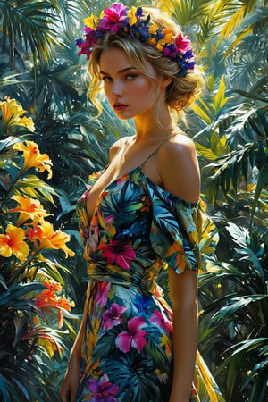 ((extremely perfect detailed)), Masterpiece, HD, 16K, A captivating minimalist illustration of a 20-year-old blonde beauty. ((A painting in colorful multicolor shades, gown and elaborate floral wreath)), (((airbrush art by Yoji Shinkawa:1.9))), ((standing between tropical flora)), ink art,line art illustration, ((the main heroine standing away in all human height between flowers)), standing away Charcoal drawing, crayons, black pencil art, graphite art, masterpiece, crayons, RTX, 4k, HDR, Anna Razumovskaya, Casey Baugh, Antonio Mora, Aminola Rezai, Giovanni Boldini, art, detailed)), ((female hidden away behind tropical palm branches)), (yellow sundress), looking_at_camera, ((the only one solo main heroine standing away in all human height)), (solo:1.9), , ((the only one solo main heroine standing away in all human height between tropical leaves)), ((looking_at_camera)), (tropical blue purple fuxia). (perfect fashion dynamic standing pose)