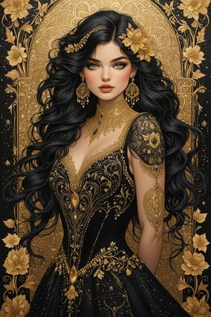 ((extremely perfect detailed)), Masterpiece, HD, 16K, A captivating minimalist illustration of a 18-year-old beauty. (gothic beauty, push up busty, black and gold, beads chiffon gown, ornate motifs beads threads, pattern of beads lace, beads sparkling lace, gems, beautiful full black lips, eye drawing, tuxedo eyes, long fluffy lashes, big layered black hair, large curls on long hair), beads wreath in hair, the tights with sparkling lace, ((midjorney style face:1.9)), ((detailed flux type face:1.9)), bohemian, delicate image, hyper-detailing, aesthetic, good soft illuminated, photorealistic line ink art, (crystals, gems, gold dust bokeh), ((gaze directed at viewer, looking_at_camera)), (the only one solo main heroine:1.9), (standing maximum away with all human height:1.9), (best fashion dynamic standing pose:1.9), (standing maximum away:1.9), ((black ink line art)),  ((stand under fresk ornate motifs wall)), bright. ((black  gold background)), ((away upper body)), (gold frame of art nouveau), (art nouveau), half turn body,