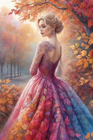 (Extremely detailed ), (every detail in perfect sharp focus), (masterpiece), (stunningly soft light evenly illuminating the entire face and body), ((extremely perfect detailed)), Masterpiece, HD, 16K, A captivating minimalist illustration of a 20-year-old blonde beauty. ((A painting in shades of mauve, lace gown and elaborate floral wreath)), (((airbrush art by Yoji Shinkawa:1.9))) Layered tulle gown with sparkling lace, ((standing between multicoloured ombre autumn rowan leaves branches)), ink art,line art illustration, ((the main heroine standing away in all human height between many rowan leaves)), standing away, Burgundy, (by Greg Manchess and Miles Aldridge), (in colorful linen pastel flamenco lace dress gown), (ombre multicoloured leafs:1.9))