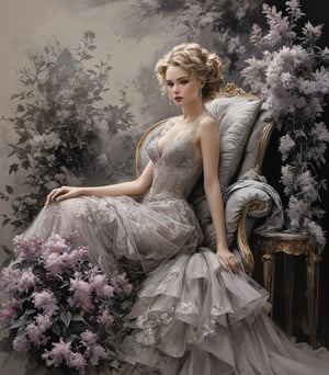 ((extremely perfect detailed)), Masterpiece, HD, 16K, (Gustav Klimt and Mucha and Caravaggio style artwork),art_booster, flat illustration of a beautiful student model sitting on a fancy chair in a luxury boroque rococo apartment. A Rococo sausage curls hairstyle. A captivating minimalist illustration of a 20-year-old blonde beauty. ((A painting in shades of mauve, lace gown and elaborate floral wreath)), (((airbrush art by Yoji Shinkawa:1.9))) Layered tulle gown with sparkling lace, ((standing between Syringa vulgaris lilac astilbe bloom)), ink art,line art illustration, ((the main heroine standing away in all human height between flowers)), standing away Charcoal drawing, crayons, black pencil art, black and white art, graphite drawing, masterpiece, crayons, pencils, mj, RTX, 4k, HDR, Anna Razumovskaya, Casey Baugh, Antonio Mora, Aminola Rezai, Giovanni Boldini, art, detailed)), ((High-Low gown)), looking_at_camera 