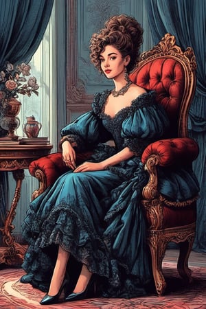 flat illustration of a beautiful student model sitting on a fancy chair in a luxury boroque rococo apartment. A Rococo sausage curls hairstyle. She is wearing an avant-garde layered gown made of stiff materials. Dark color palette. Cluttered maximalism. Close-up shot. Rim lighting. Masterpiece. 64k. ncg,ink,ink art,line art illustration