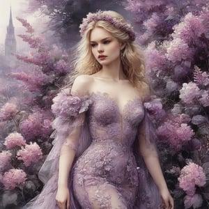  ((extremely perfect detailed)), Masterpiece, HD, 16K, A captivating minimalist illustration of a 20-year-old blonde beauty. ((A painting in shades of mauve, lace gown and elaborate floral wreath)), (((airbrush art by Yoji Shinkawa:1.9))) Layered tulle gown with sparkling lace, ((standing between Syringa vulgaris lilac astilbe bloom)), ink art,line art illustration, ((the main heroine standing away in all human height between flowers)), standing away