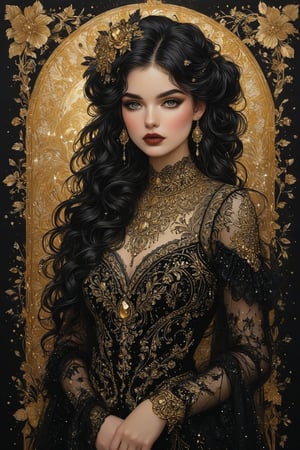 ((extremely perfect detailed)), Masterpiece, HD, 16K, A captivating minimalist illustration of a 18-year-old beauty. (gothic beauty, push up busty, black and gold, beads chiffon gown, ornate motifs beads threads, pattern of beads lace, beads sparkling lace, gems, beautiful full black lips, eye drawing, tuxedo eyes, long fluffy lashes, big layered black hair, large curls on long hair), beads wreath in hair, the tights with sparkling lace, ((midjorney style face:1.9)), ((detailed flux type face:1.9)), bohemian, delicate image, hyper-detailing, aesthetic, good soft illuminated, photorealistic line ink art, (crystals, gems, gold dust bokeh), ((gaze directed at viewer, looking_at_camera)), (the only one solo main heroine:1.9), (standing maximum away with all human height:1.9), (best fashion dynamic standing pose:1.9), (standing maximum away:1.9), ((black ink line art)),  ((stand under fresk ornate motifs wall)), bright. ((black  gold background)), ((away upper body)), (gold frame of art nouveau), (art nouveau), half turn body,