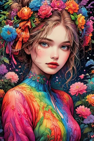 ((extremely detailed)), ((perfect detailed eyes and face)), CoG_v2, European ink illustration, (2d ink line art)), (detailed hair), full body, (line art), particles, concept art,mysterious, dreamlike, perfect anatomy, (long hair), great realistic features, (detailed, detailed florals, crystals, minerals), (holographic perfect detailed jewelry:1.9), masterpiece, pure perfection , sharp focus, ink, (art nouvea), (v_shape_face of woman, young lady:1.9), (one upper body), (garden background behind women), (modern design dress), ((evening layered gown)), ((away upper body)), (holographic frame of art nouveau),Beautiful female, ((holographic sparkling translucent jewelry),, ((colorful rainbow_colours holographic soft sparkling particles highlights bokeh:1.9)), ((ombre rainbow_colours holographic)), masterpiece, best quality,highres, female, look_at_viewer, tall, perfect stature, liuli,bangs, chromatic dispersion, tansparent_plastic, coloured glaze, (Polychromatic prism effect), iridescence/opalescence, glowing colors, aluminum foil, Glowing ambiance, (holographic long dress floating on standing female:1.9), ( by Greg Manchess and Miles Aldridge).
((1 blonde Nordic girl)), Picture a mesmerizing fusion where the rich heritage of Hmong ethnic attire intertwines with the enchanting world of Lolita fashion. The garment, a visual symphony, showcases vibrant cross-stitch patterns reminiscent of Hmong craftsmanship, meticulously stitched in an array of colors. The dress flows gracefully, embracing the whimsical elegance of Lolita fashion with lace, bows, and layers, creating a harmonious dance of tradition and modernity. Each detail, a brushstroke in this vibrant canvas, tells a story of cultural richness and sartorial fantasy, offering a feast for the eyes that captivates and transcends genres.,Flower queen,   (garden background behind women), (multicoloured abstract smears of oil painting), ((soft illumination)), ((only one female body standing away on flowers garden:1.9)), ((all tall human height:1.9)), garden arch 