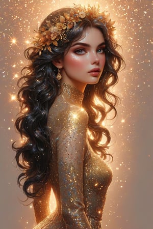 ((extremely detailed:1.9)), ((extremaly right female body proportions:1.9)). Masterpiece, HD, 16K, A captivating minimalist illustration of a 18-year-old beauty, luminous evening dress design, pastel colours, ink drips multicolor background, autumn lights, looking over shoulder pose, shiny, glitter. half turn body, looking over shoulder pose. (((extremely detailed:1.9)), ((extremely right perfect female upper body proportion:1.9)). Masterpiece, HD, 16K, A captivating minimalist illustration of a 18-year-old beauty. (gothic beauty, push up busty, black and gold, beads chiffon gown, ornate motifs beads threads, pattern of beads lace, beads sparkling lace, gems, beautiful full black lips, eye drawing, tuxedo eyes, long fluffy lashes, big layered black hair, large curls on long hair), beads wreath in hair, beads threads on hair, the tights with sparkling lace, ((midjorney style face:1.9)), ((detailed flux type face:1.9)), bohemian, delicate image, hyper-detailing, aesthetic, good soft illuminated, photorealistic line ink art, (crystals, gems, gold dust bokeh), ((gaze directed at viewer, looking_at_camera)), (the only one solo main heroine:1.9), (standing maximum away with all human height:1.9), (best fashion dynamic standing pose:1.9), (standing maximum away:1.9), ((black ink line art)), ((stand under fresk ornate motifs wall)), bright. ((black gold background)), (gold frame of art nouveau), (art nouveau background), (sensetive, tender, goddess, artistic pose, elegant dynamic standing pose), ((away upper body)), ((photorealistic detailed face)), shiny, glitter. half turn body, looking over shoulder pose.