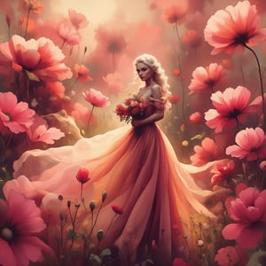 ((extremely detailed:1.9))), (Masterpiece), HD, 16K, dynamic pose. A stunning, ethereal portrait of a beautiful female with long large curled hair blonde are wearing a flowing multicolor gown that seamlessly blends into the surrounding giant soft, translucent flower petals. The dress and petals share similar delicate textures, creating a dreamy and surreal atmosphere. posed against are bright detailed abstract poppies pattern. The magical quality of the scene. The composition is elegant and harmonious, focusing on the interplay between the fabric of the dress and the petals. Hyper-realistic, ultra-detailed, and cinematic lighting. ((gaze directed at viewer, looking_at_camera)). perfect fashion dynamic standing pose, (well lit foreground), illustration abstract brush white ink dreeps, line art, Al Rio style art line, ((modern detailed comics style art line:1.9)). bright colours, illustrated, vibrant painting, ((poppies:1.9), ((background are poppies wall)), (hiding between in poppies pattern)), long curly haired blonde. Holding flowers bouquet. ink illustration art line, background poppies